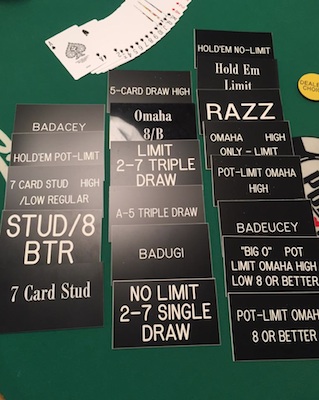 Game signs showing the various poker games that might be played in a mixed game