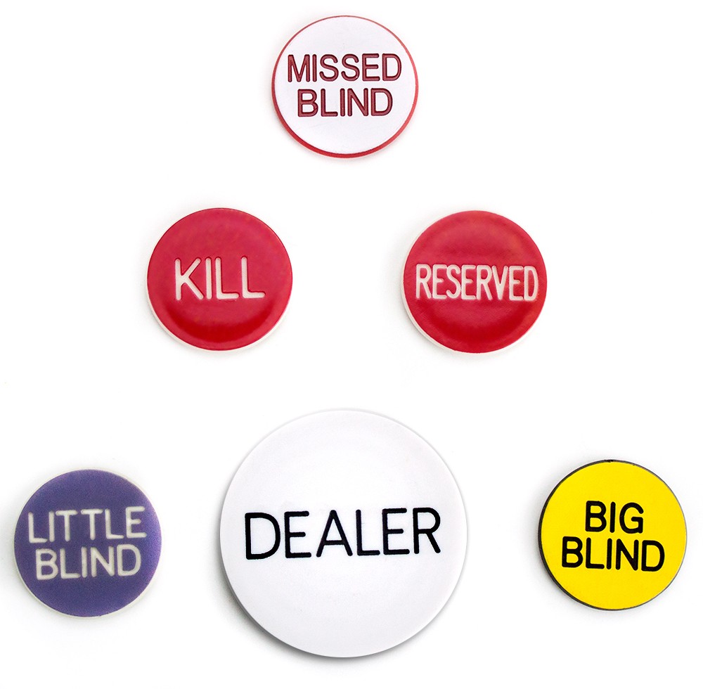 Common buttons used in poker including dealer, small blind, big blind, and kill buttons